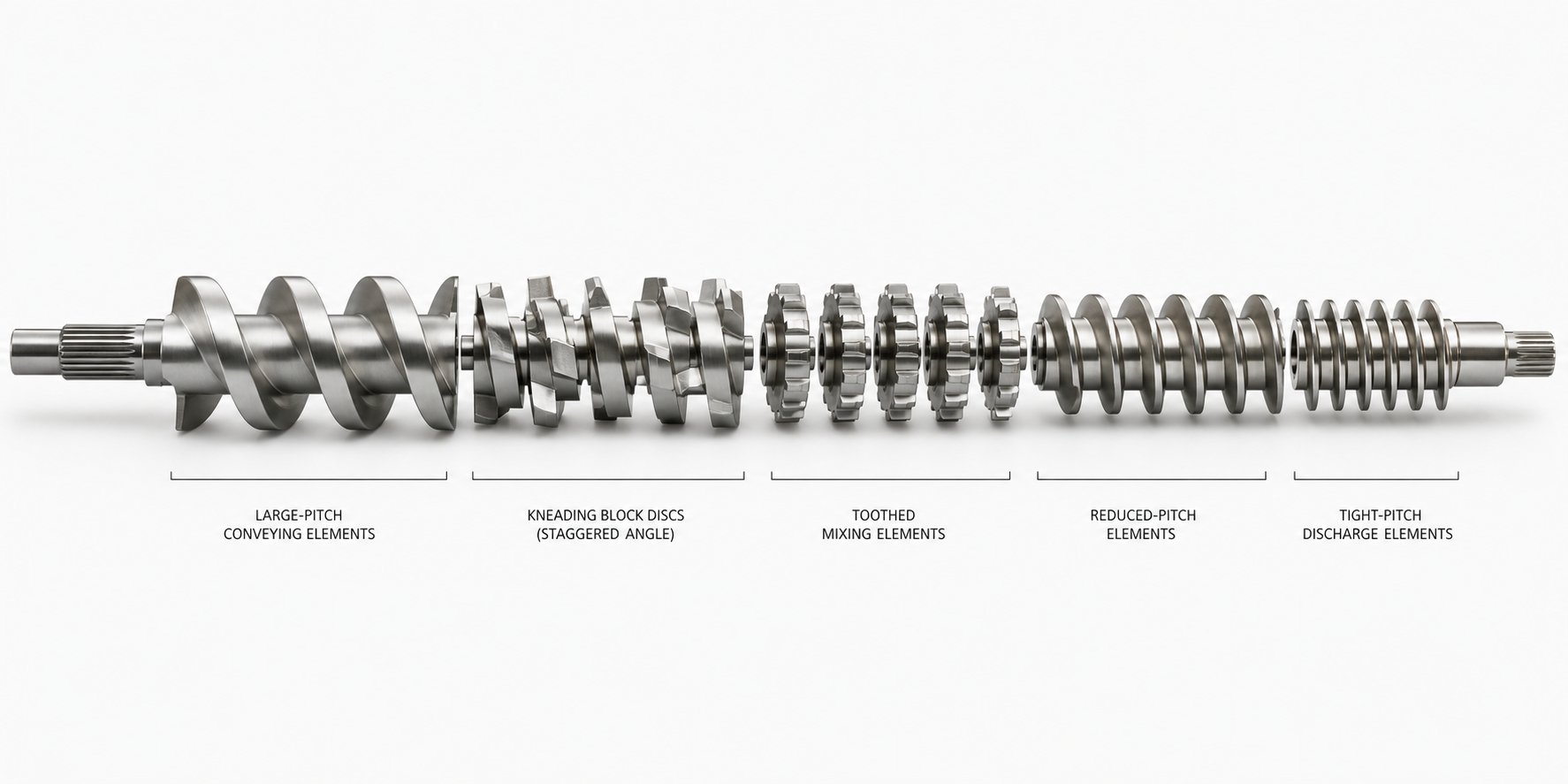 modular twin screw elements arranged in functional sequence from conveying to kneading mixing venting and discharge zones