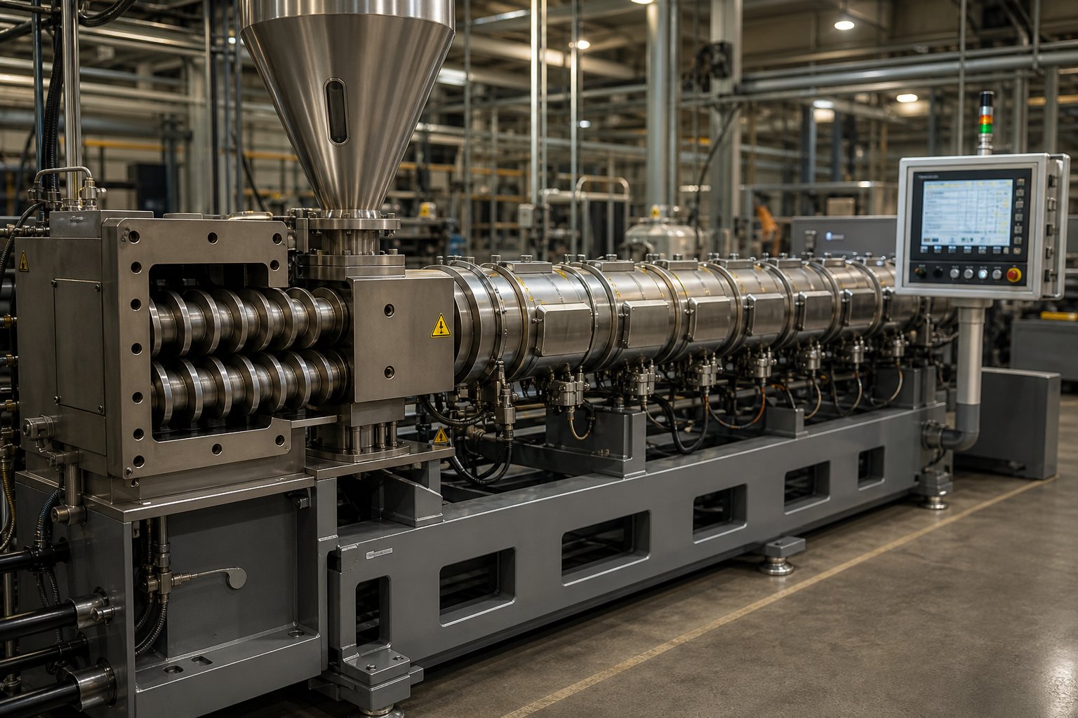 twin screw plastic extruder with segmented barrel and modular screw design used in modern compounding and recycling lines