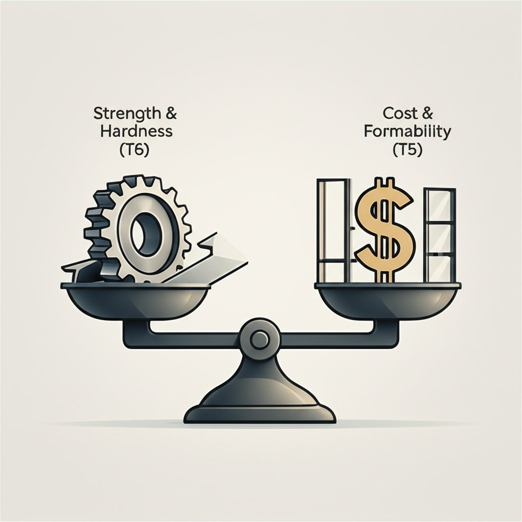 illustrating the trade off between strength and cost for t6 and t5 aluminum