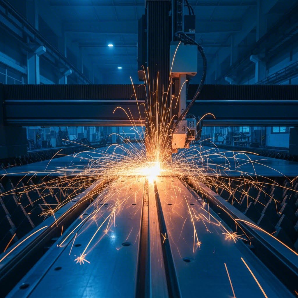 fiber laser cutting steel plate with precision in modern manufacturing facility