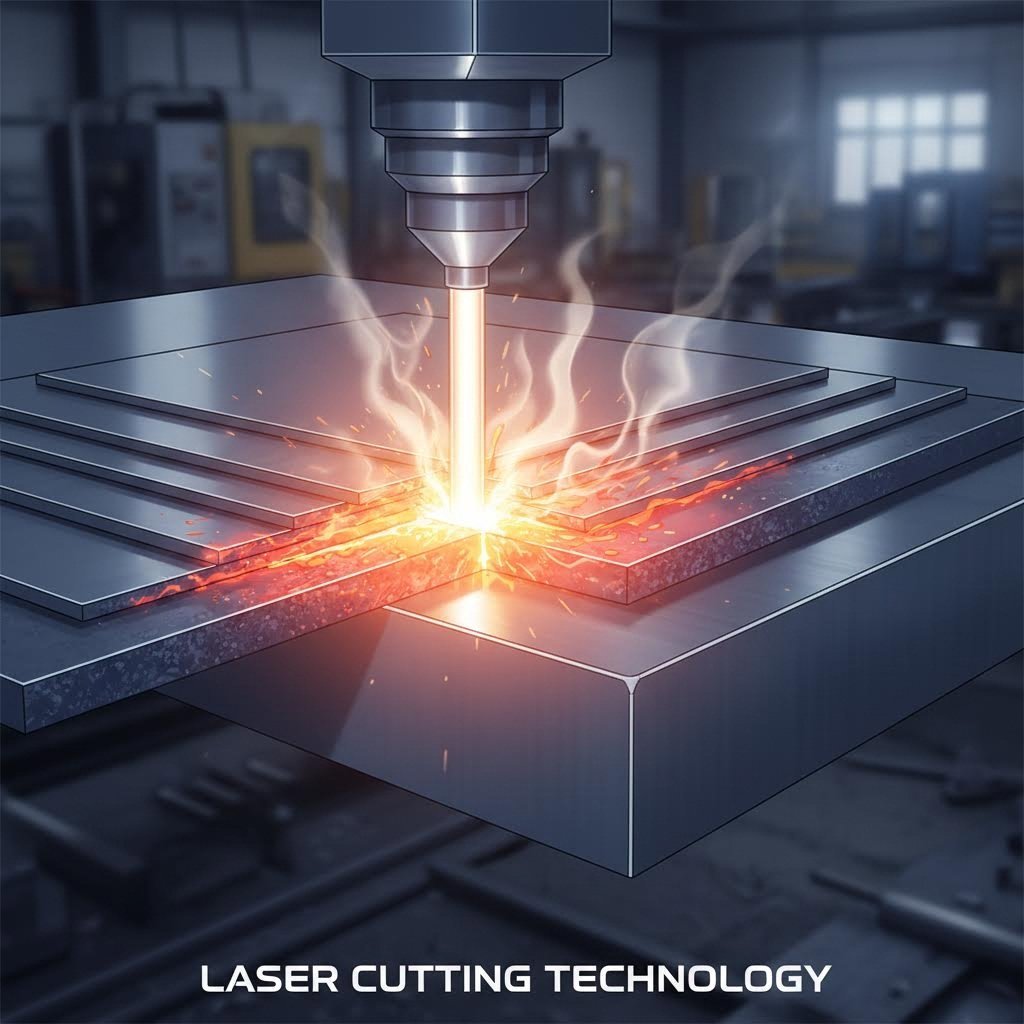 laser beam cutting through steel plates of varying thicknesses