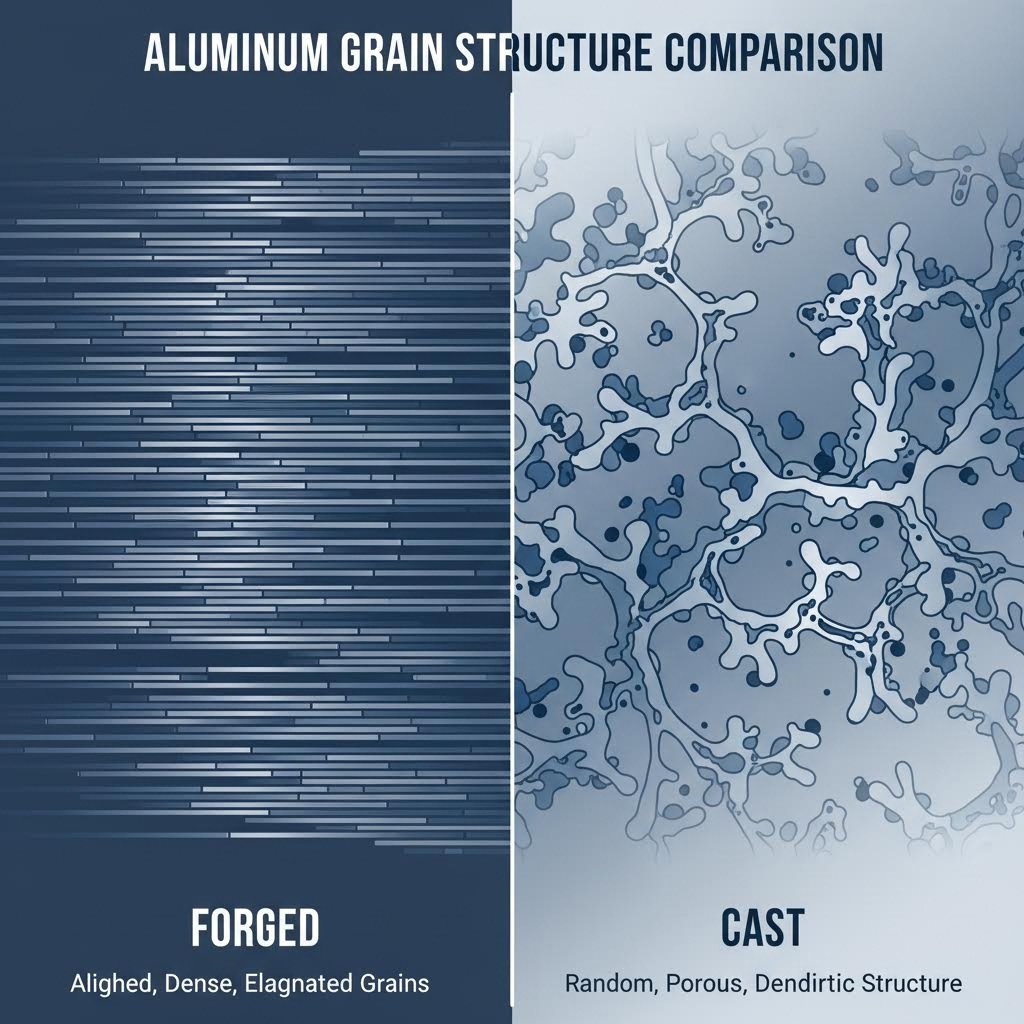 aligned grain structure in forged aluminum versus random grain in cast metal