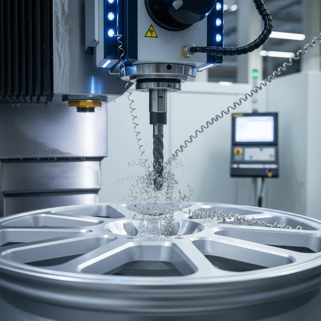 multi axis cnc machine sculpting precise spoke profiles on forged wheel blank