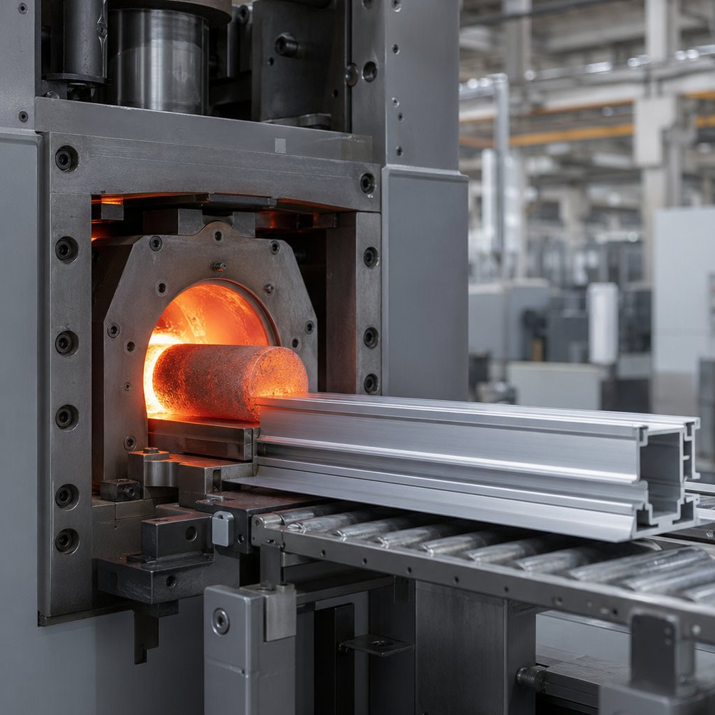 heated billet pressed through a die to form a continuous aluminum profile