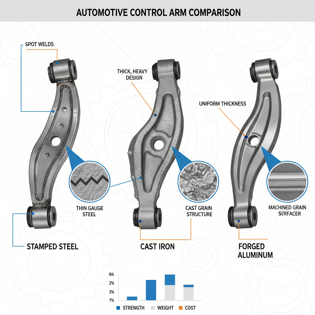 diagram comparing stamped steel cast iron and forged aluminum control arm materials