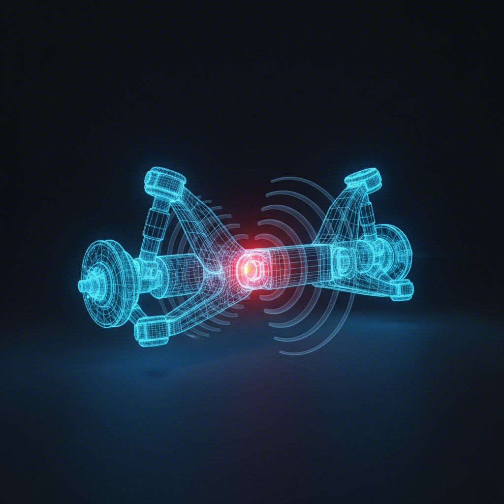 conceptual art of a cars suspension showing sound waves from a faulty control arm