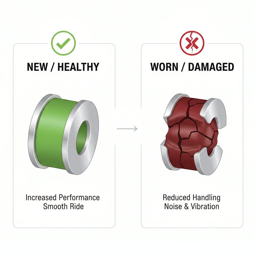 diagram comparing a new control arm bushing with a worn and cracked one
