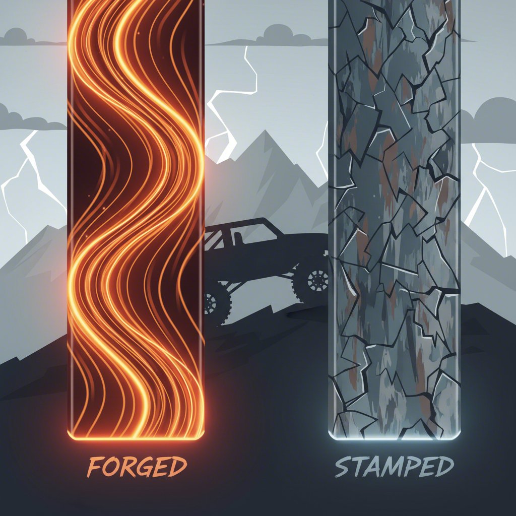stylized comparison of aligned metal grain in forged versus stamped components