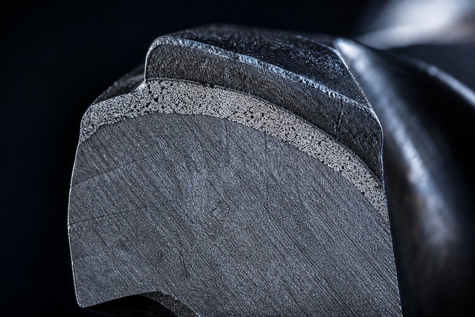 close up of an extruder screw flight showing the wear resistant surface layer over a tough steel core