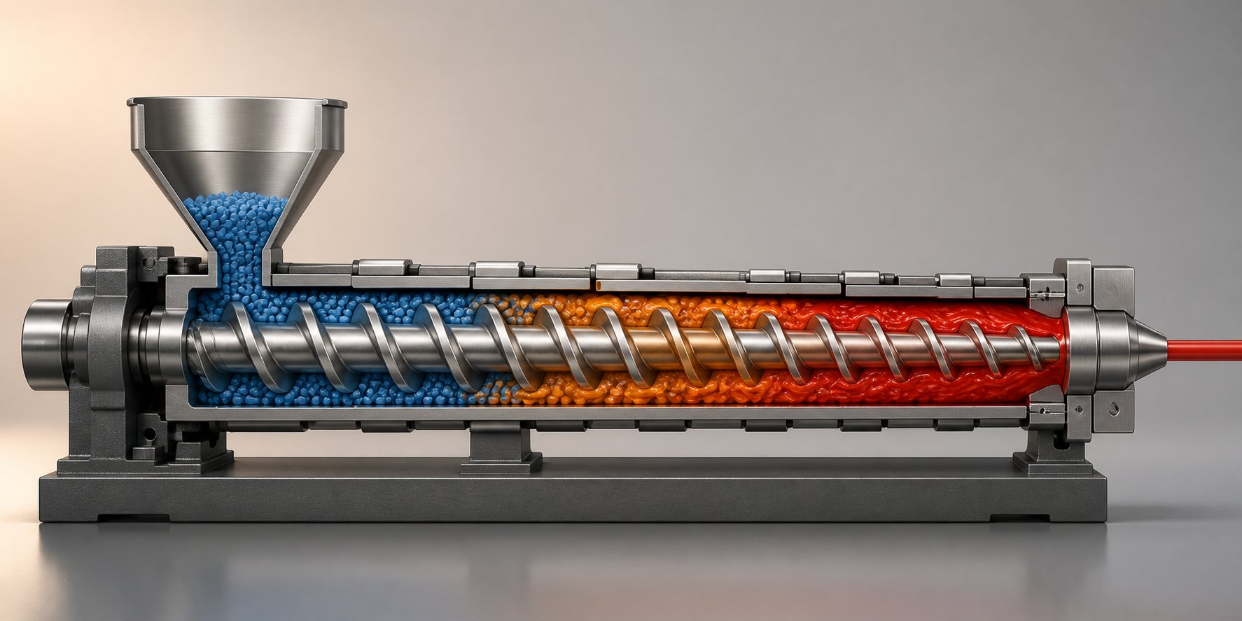 cutaway view of an extruder screw illustrating the feed compression and metering zones inside the barrel