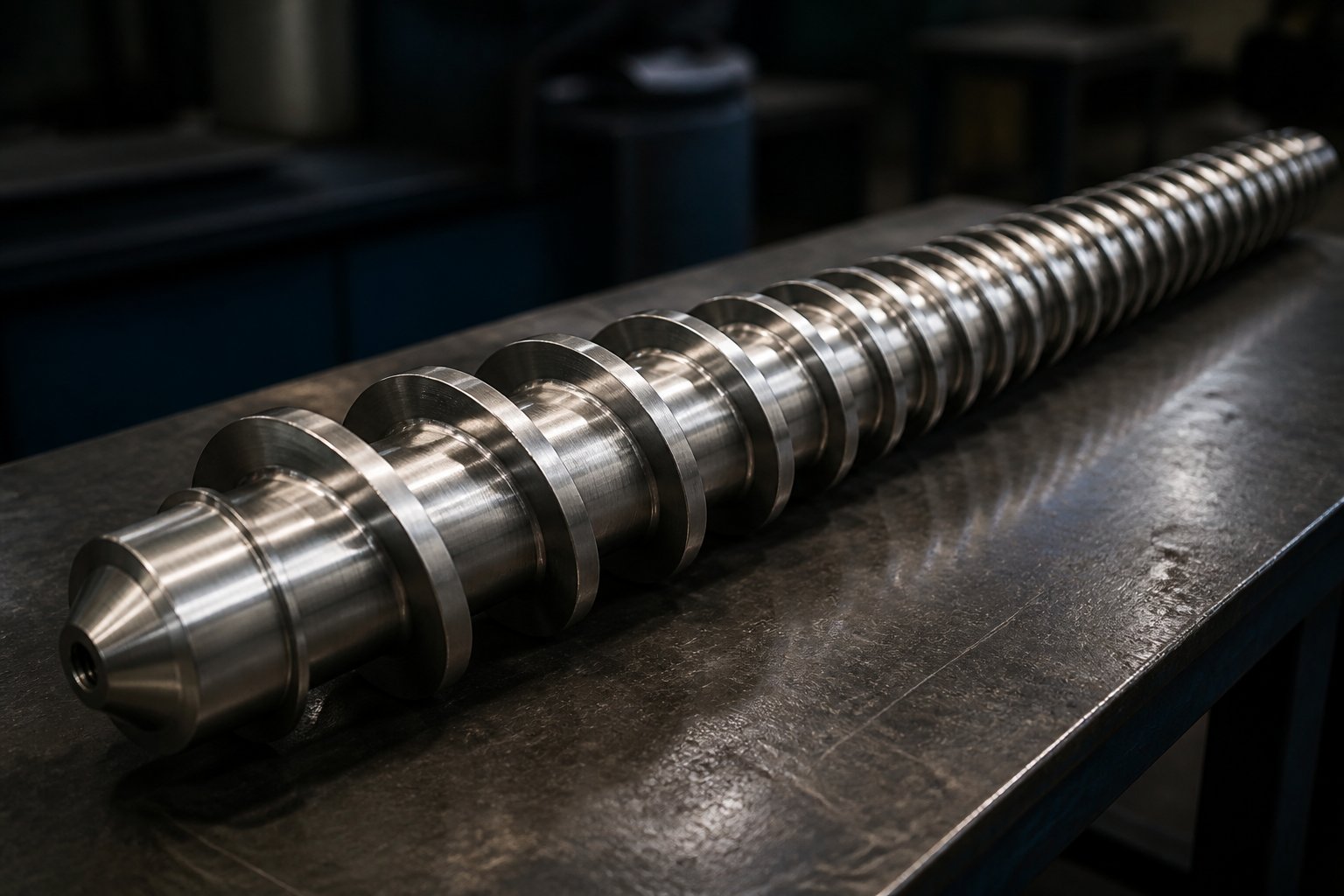 precision engineered extruder screw showing the helical flight geometry that governs melt quality and throughput in plastics processing