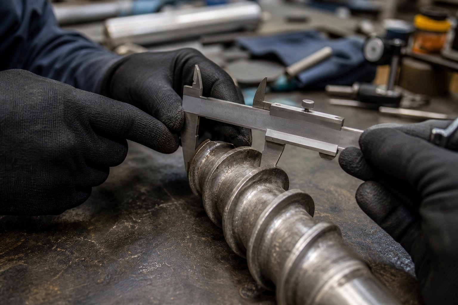 technician measuring extruder screw flight diameter during a scheduled wear inspection