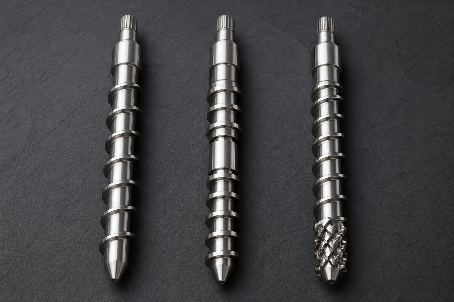 three extruder screw types compared side by side %E2%80%94 general purpose barrier and mixing configurations
