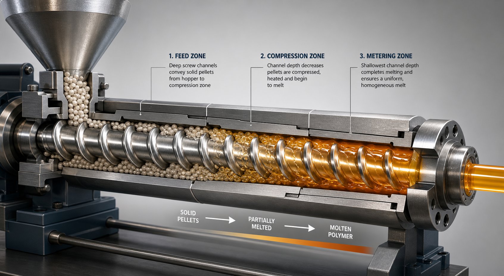 cutaway view of a single screw extruder showing the feed compression and metering zones where melting and pressure generation occur