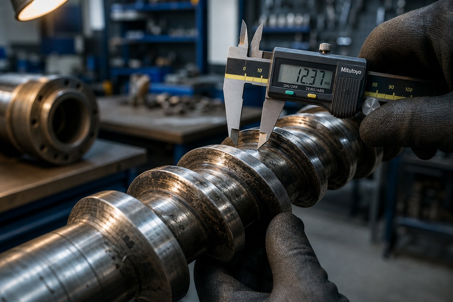measuring screw flight wear with precision calipers during a scheduled maintenance inspection to track clearance changes over time