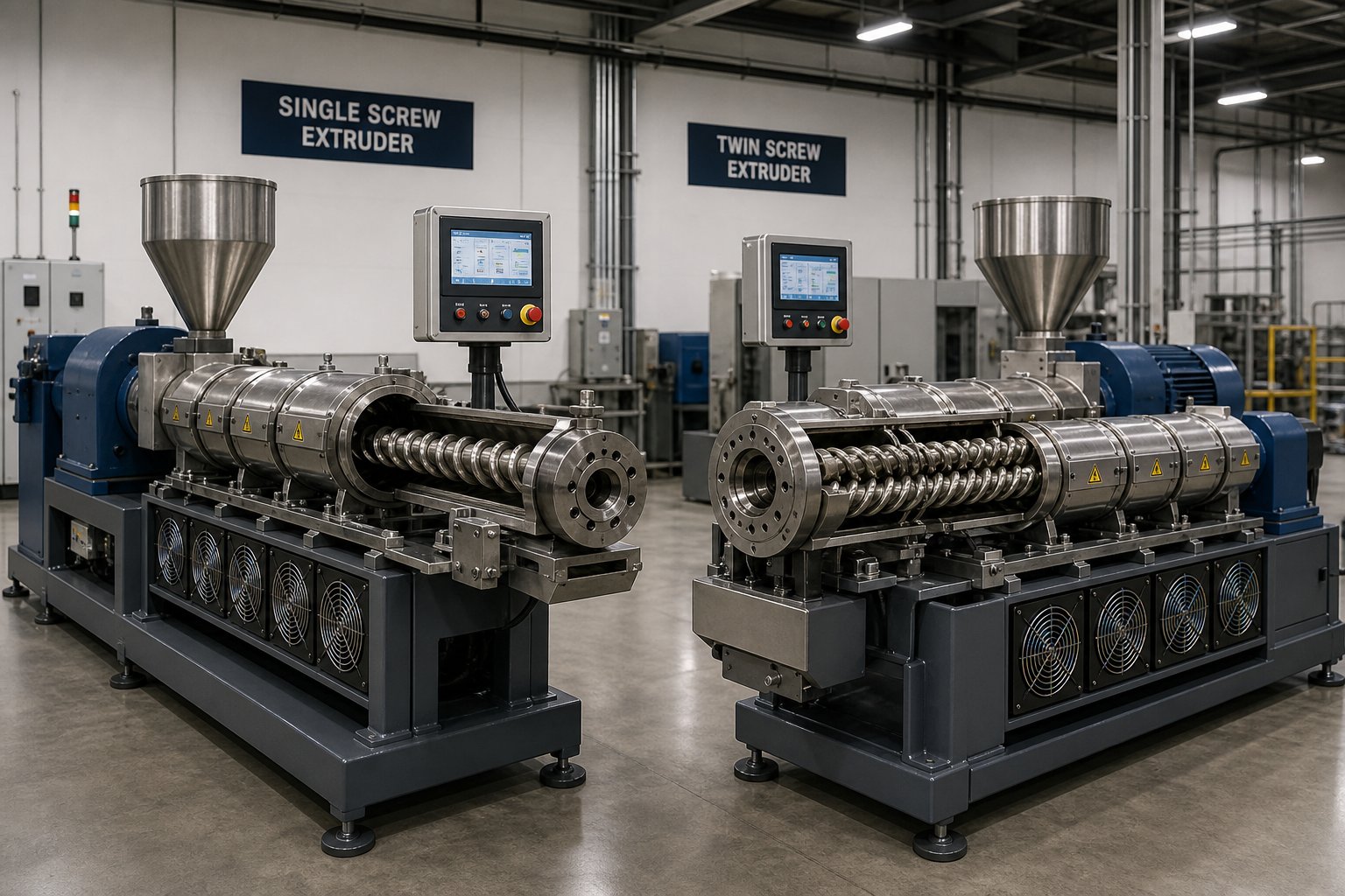 single screw and twin screw extruders side by side highlighting the key architectural differences that drive performance and application suitability