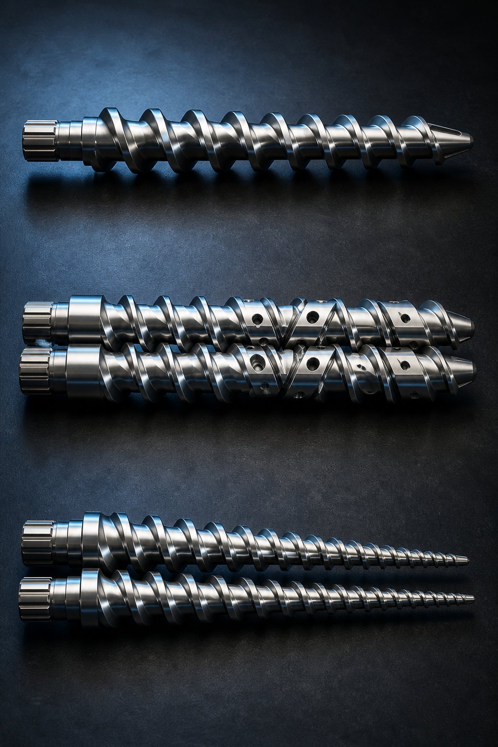 three extruder screw configurations compared single screw co rotating parallel twin screw and counter rotating conical twin screw
