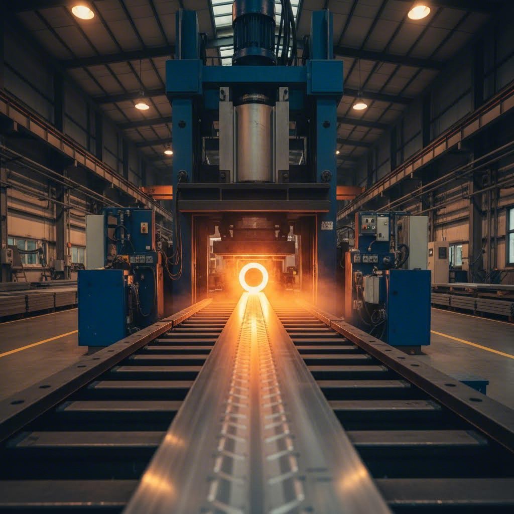 industrial aluminum extrusion process showing heated metal being shaped through precision dies