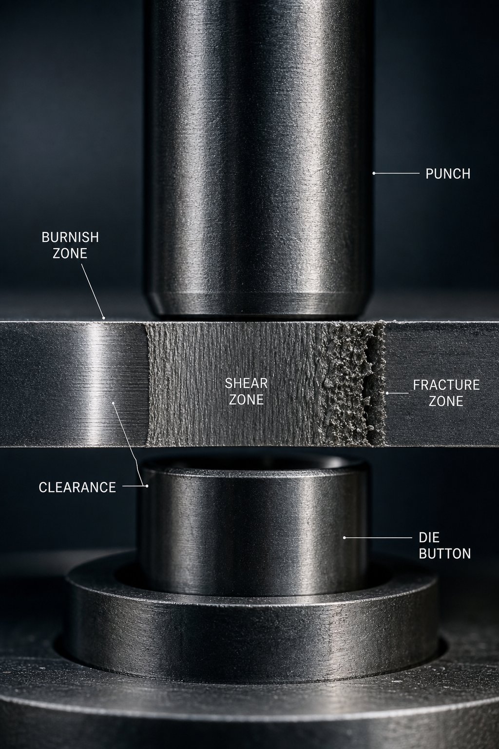 cross section view of punch to die clearance showing the controlled gap that determines edge quality in stamped parts