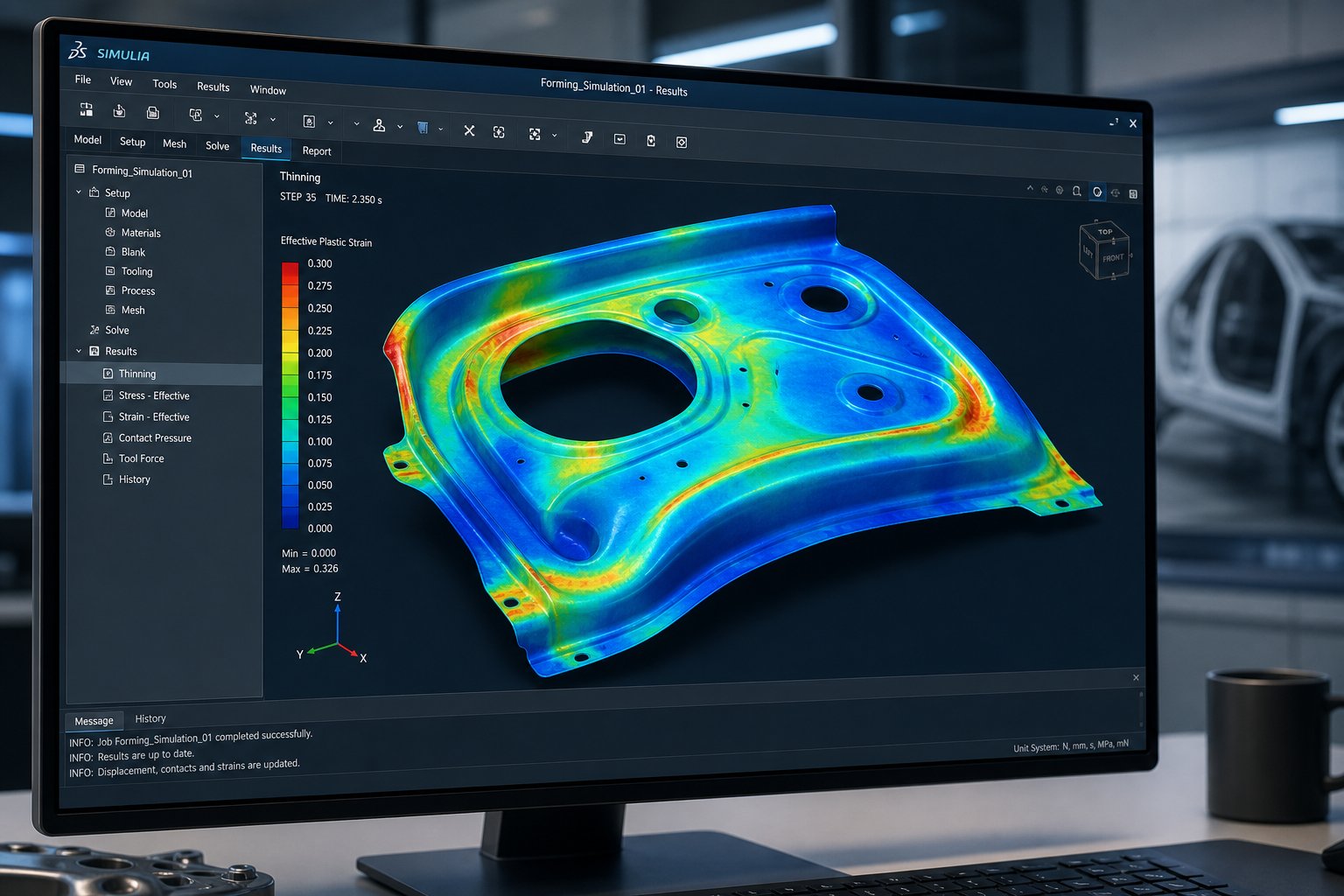 fea formability simulation displaying strain distribution and thinning analysis for stamping die design validation