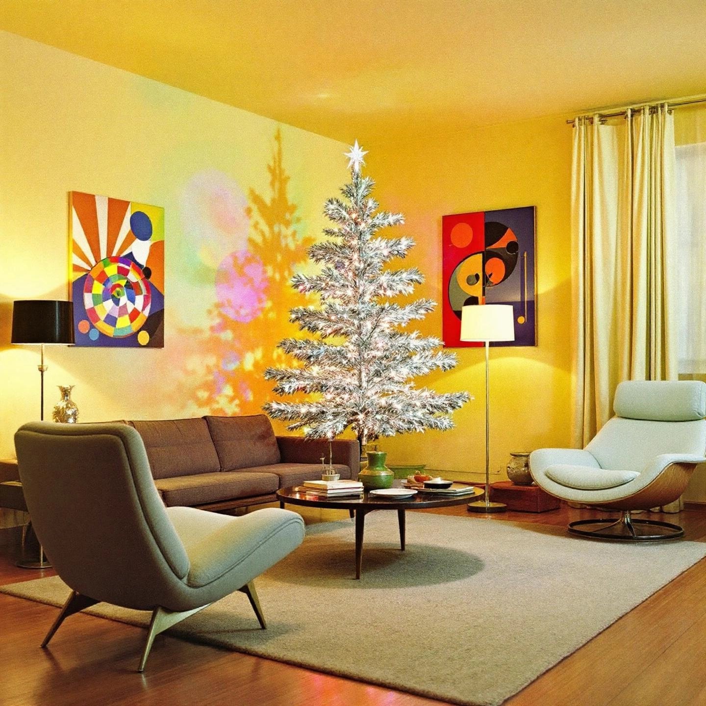 aluminum christmas tree as a space age icon in a 1960s modern home