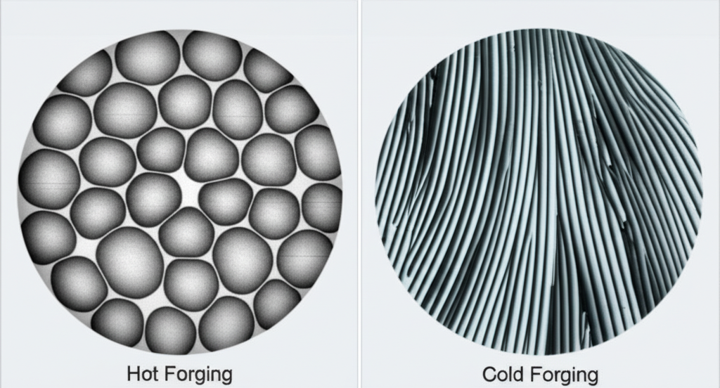 diagram comparing the grain structure of metal after hot and cold forging