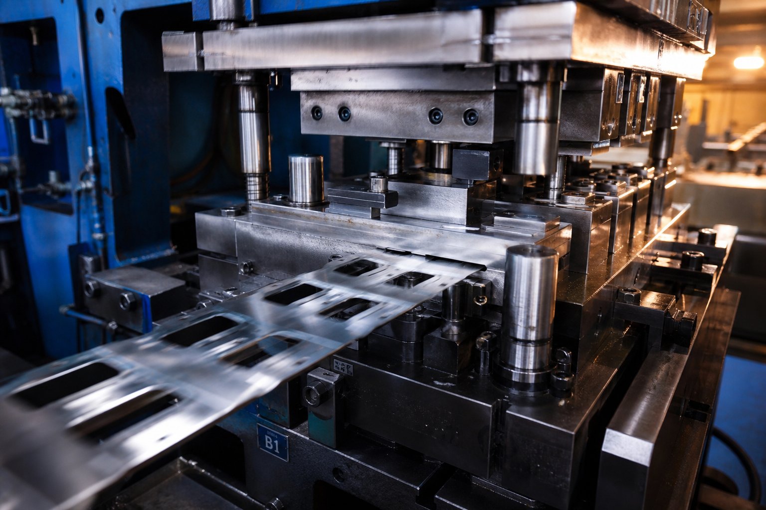 info-1-1 multi station progressive die set in a precision stamping press producing high volume metal components
