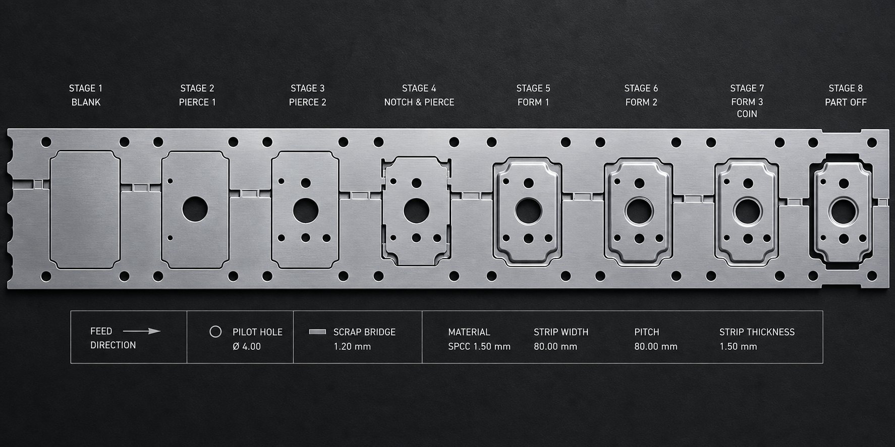 info-1-1 optimized strip layout showing part nesting carrier web design and material utilization strategy