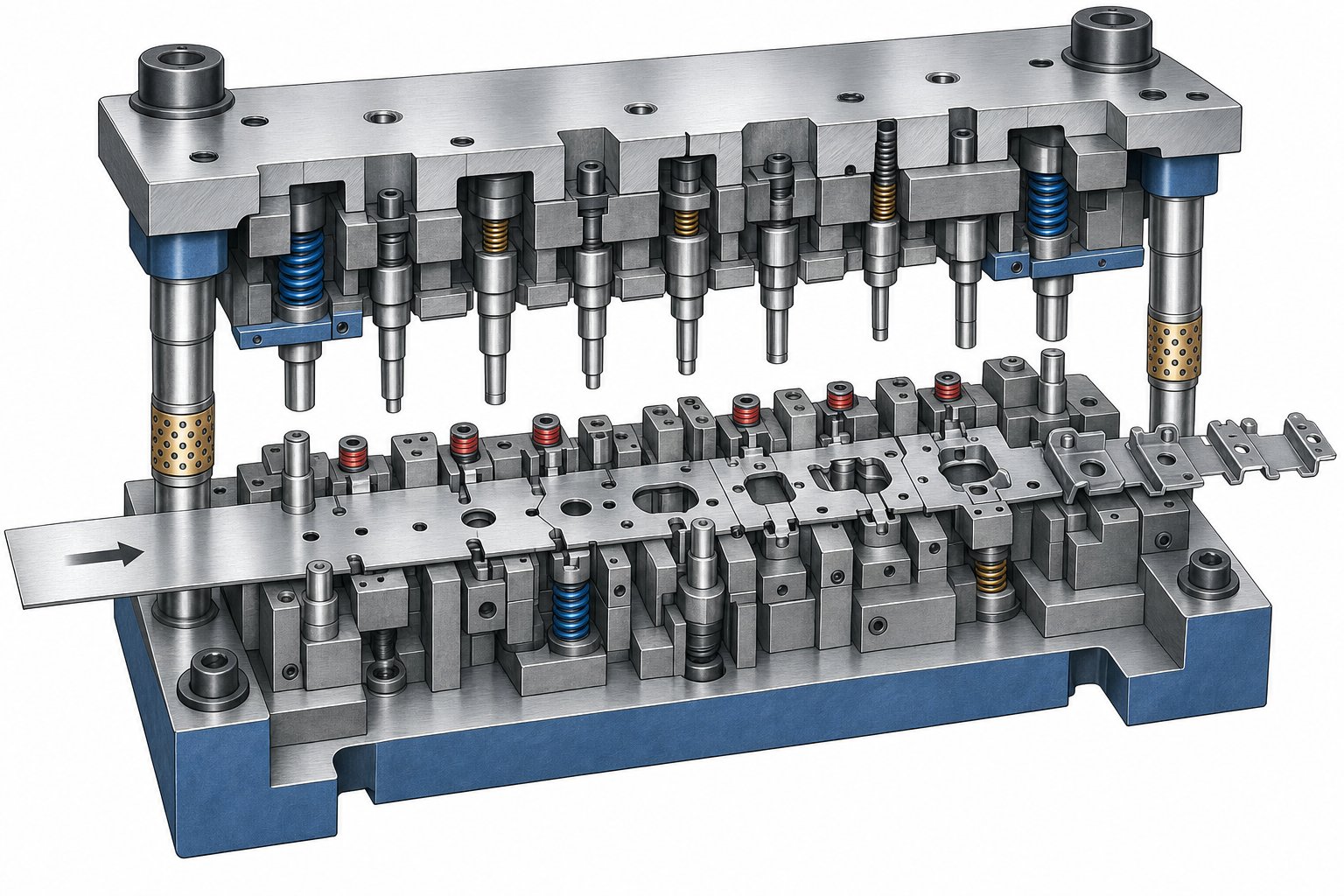 info-1-1 progressive die cross section showing strip material advancing through sequential piercing forming and cutoff stations