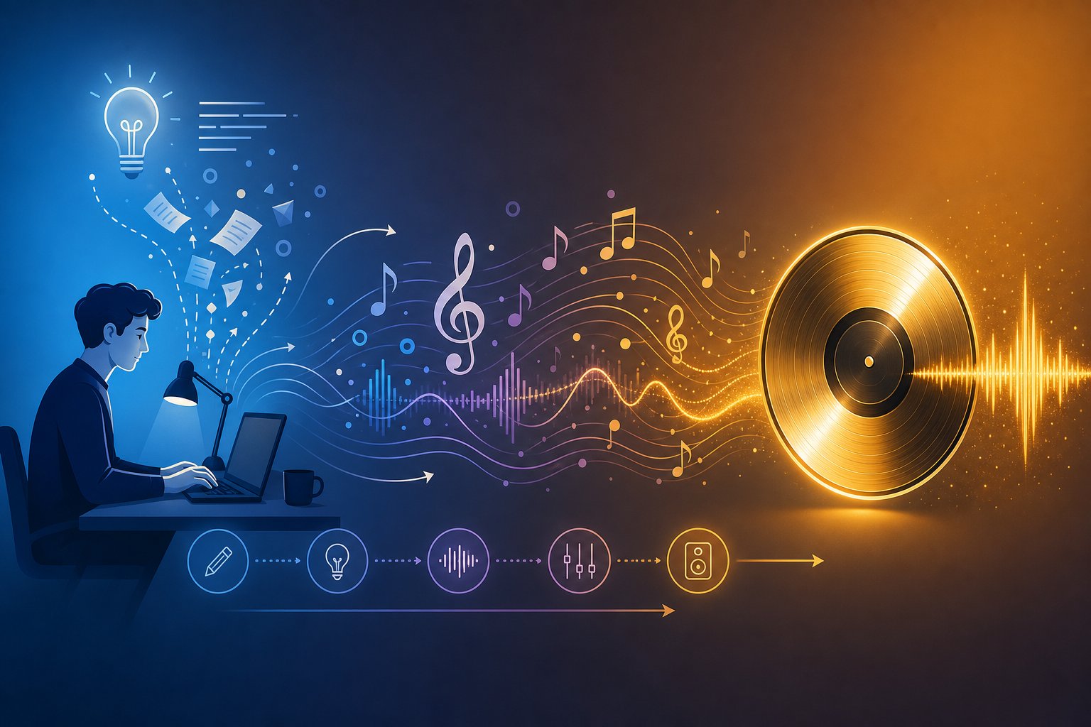 the ai music creation workflow moves from typed prompts through iterative refinement to a finished track