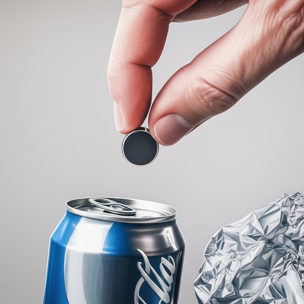 a magnet held near aluminum objects to demonstrate that aluminum is non magnetic