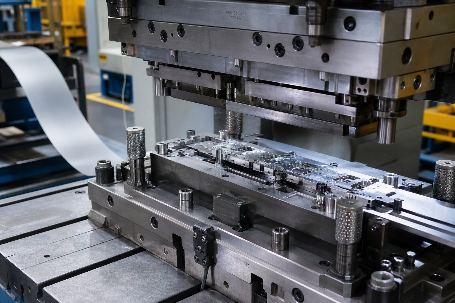 info-1-1 a progressive stamping die set installed in an industrial press