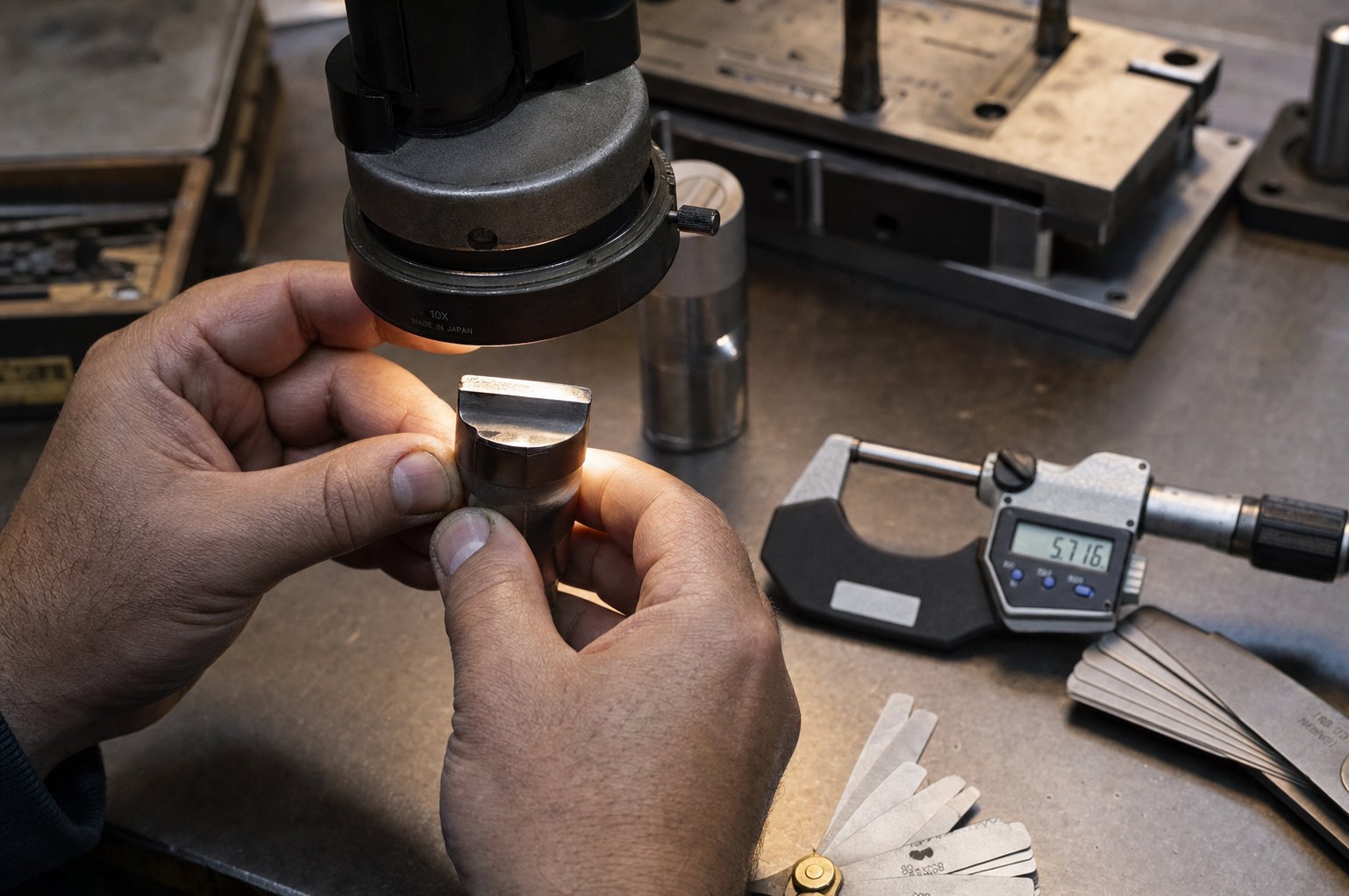 info-1-1 a toolmaker inspects stamping die components for wear using precision instruments to determine whether sharpening or replacement is needed