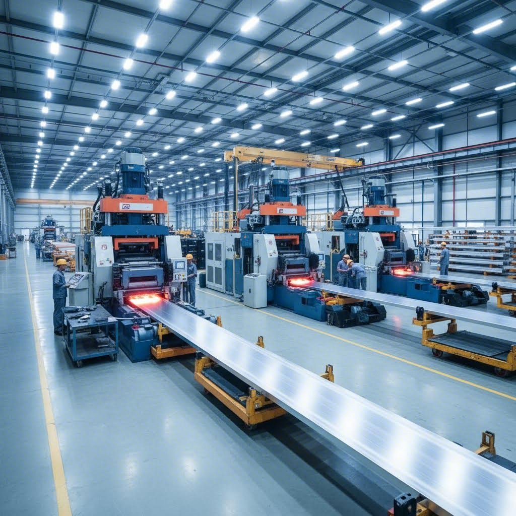 industrial aluminum extrusion manufacturing facility with multiple press lines