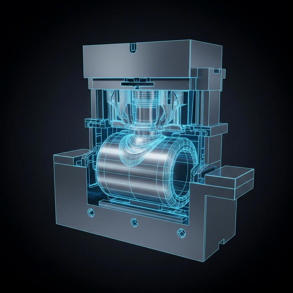 Cross section technical diagram of deep draw stamping process for airbag housings