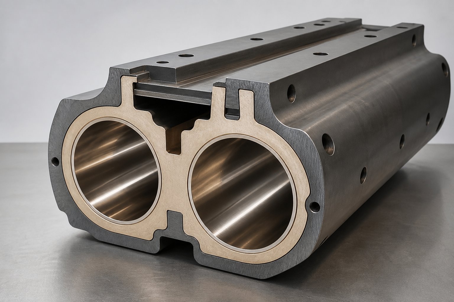 bimetallic twin screw barrel cross section showing the wear resistant alloy liner that extends service life in abrasive filler compounding