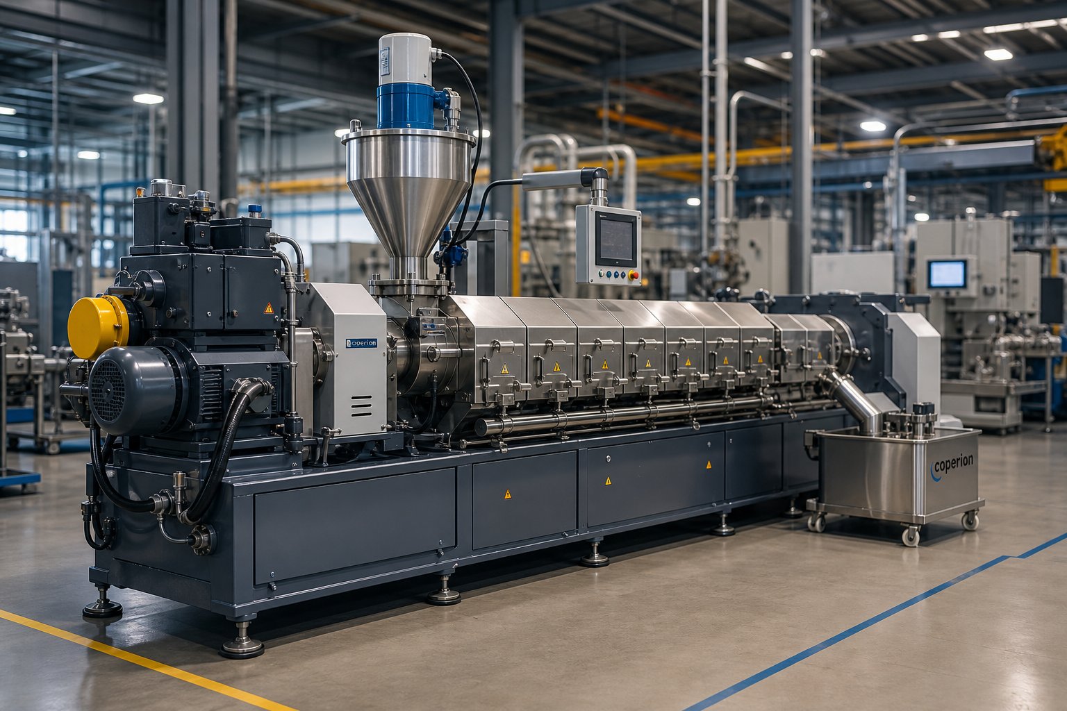co rotating twin screw extruder configured for high filler masterbatch compounding in a production facility