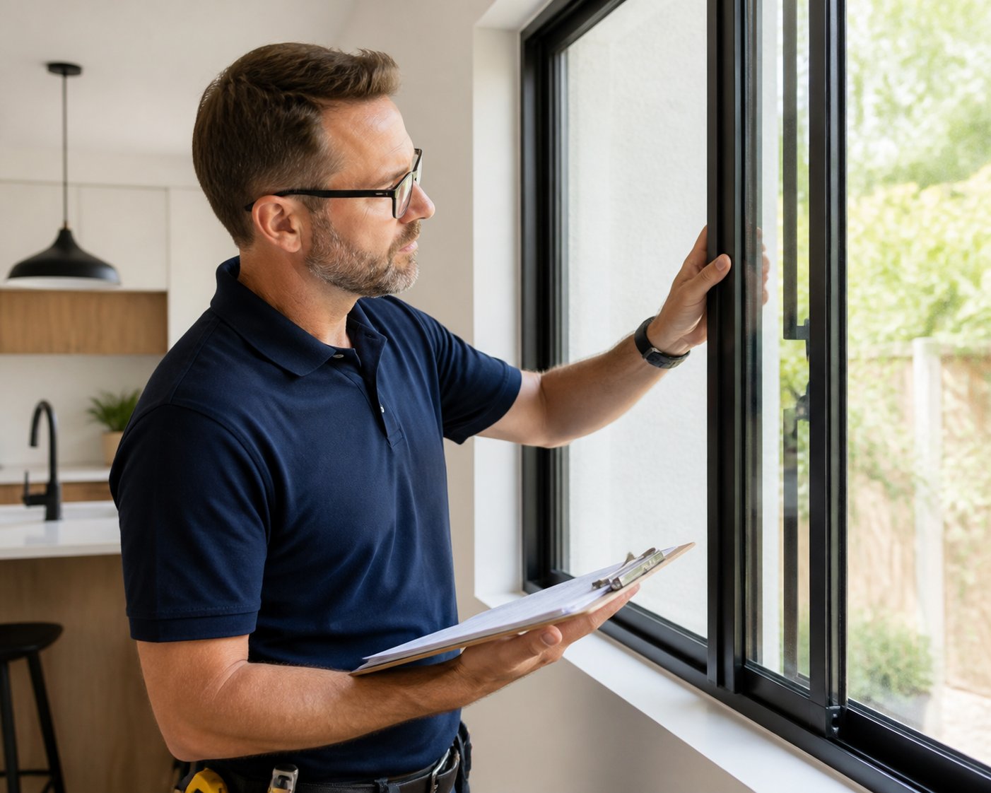 a building control officer inspecting a newly installed window for ventilation compliance under current uk regulations