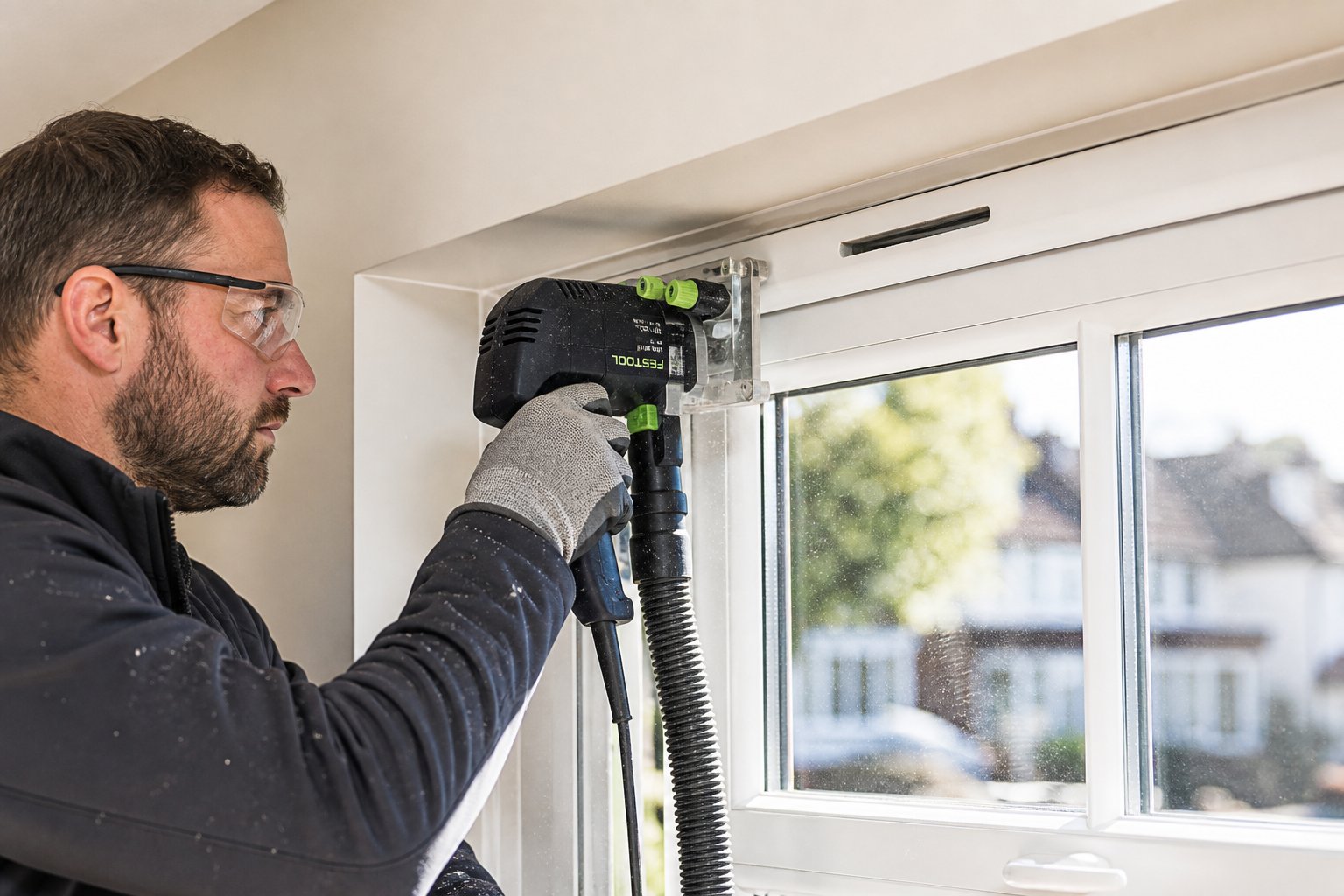 a professional installer retrofitting a trickle vent into an existing upvc window frame by routing a precision slot