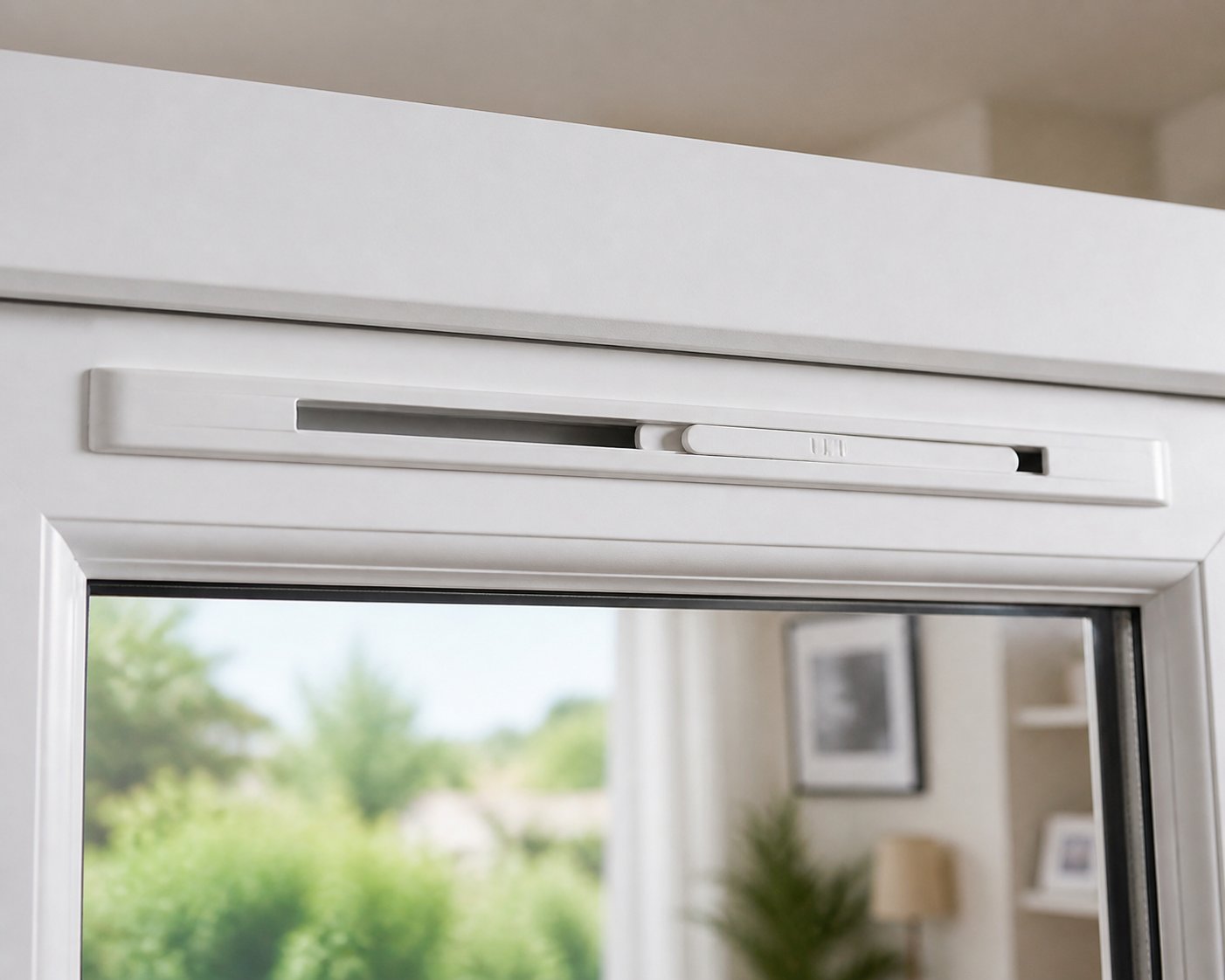 a trickle vent mounted at the top of a upvc window frame showing the slider mechanism used to control background airflow