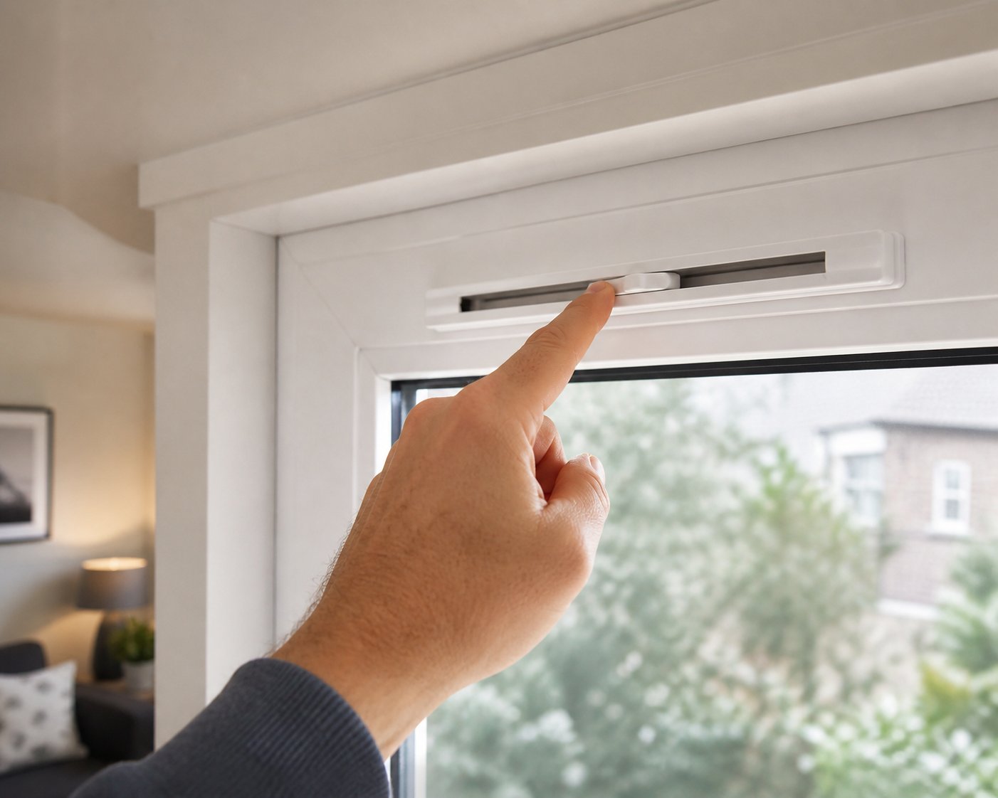 checking the top of a window frame for a trickle vent slider %E2%80%94 the most common location for background ventilation openings