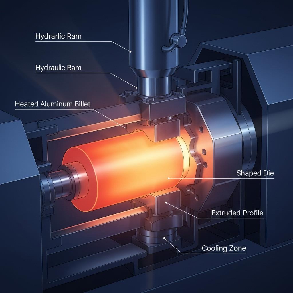 aluminum extrusion process showing billet compression through precision die