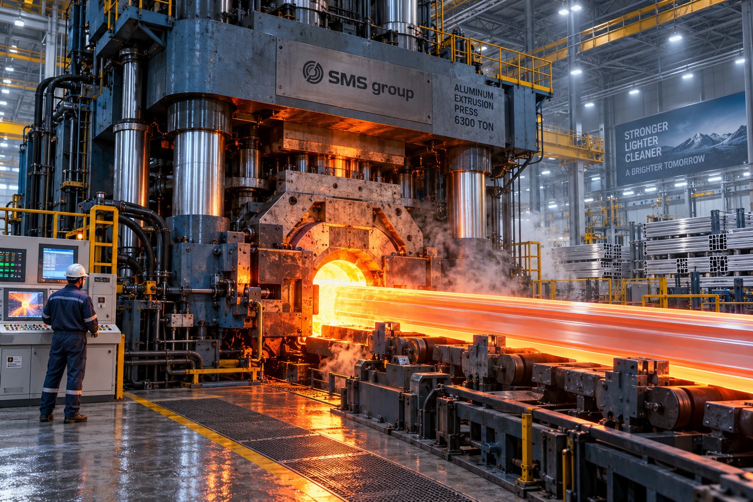 high tonnage press manufacturing large aluminum extrusion profiles in an industrial facility