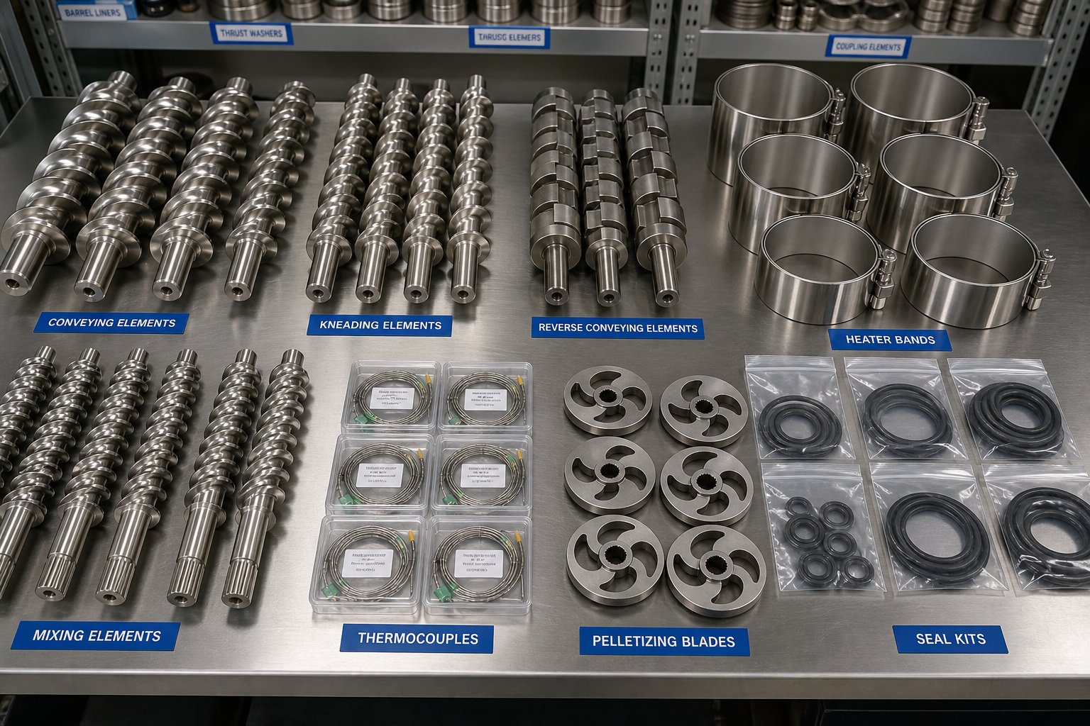 a well organized inventory of critical extruder spare parts ready to minimize unplanned downtime