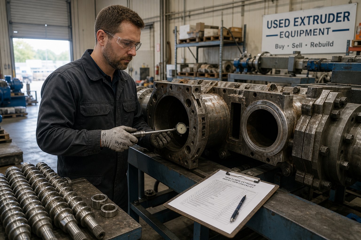 an engineer performing a barrel bore measurement during a pre purchase inspection of used extrusion equipment