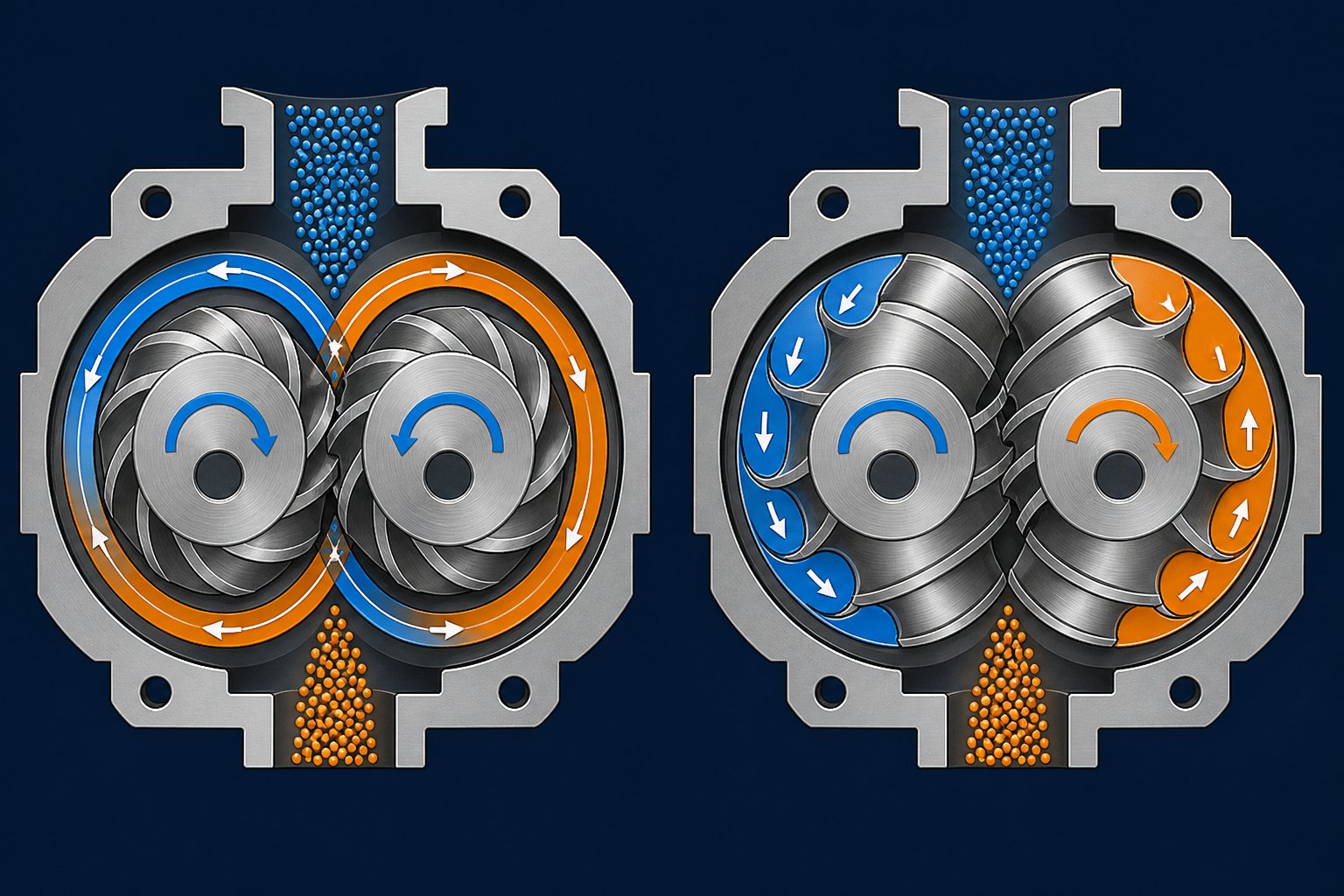 cross section comparison of co rotating and counter rotating twin screw configurations