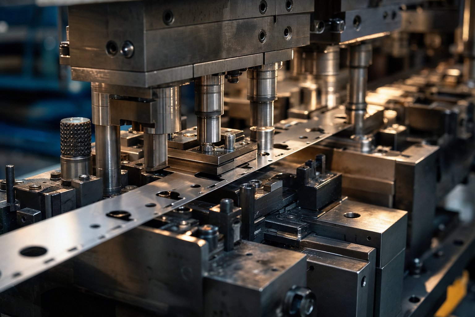 info-1-1 a progressive stamping die with multiple stations forming metal strip into finished components inside an industrial press