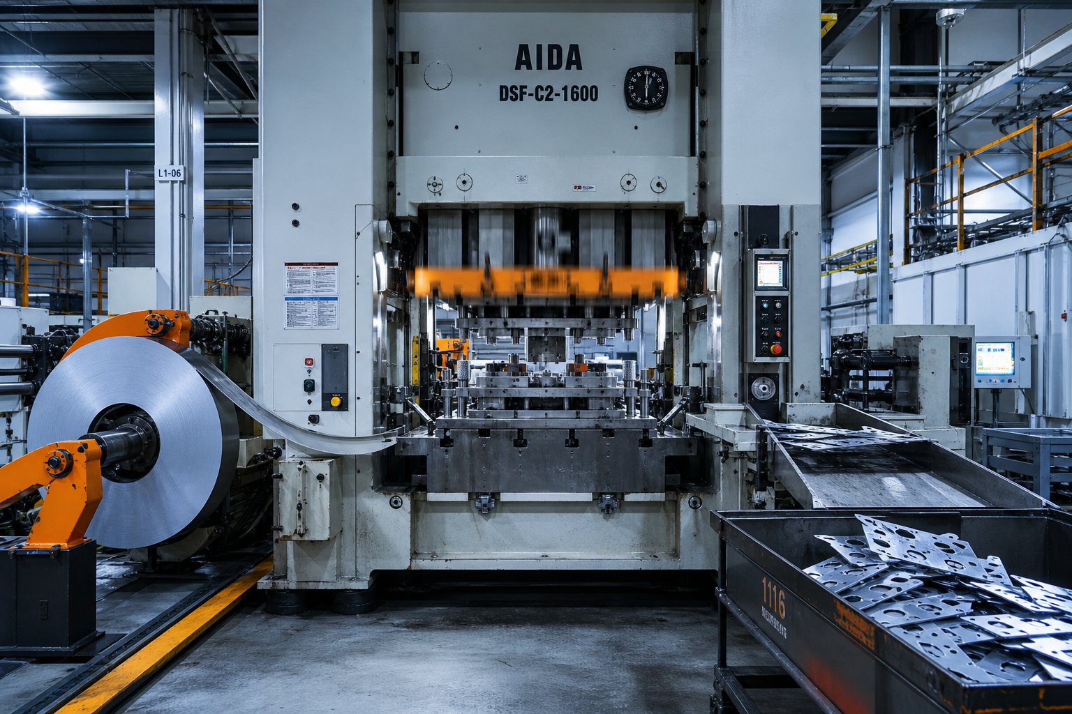 info-1-1 high speed progressive die press in full production with coil feed and finished part collection