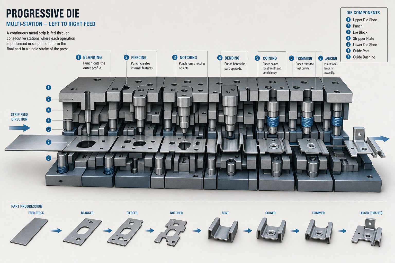 info-1-1 metal strip advancing through progressive die stations from coil feed to finished part cutoff