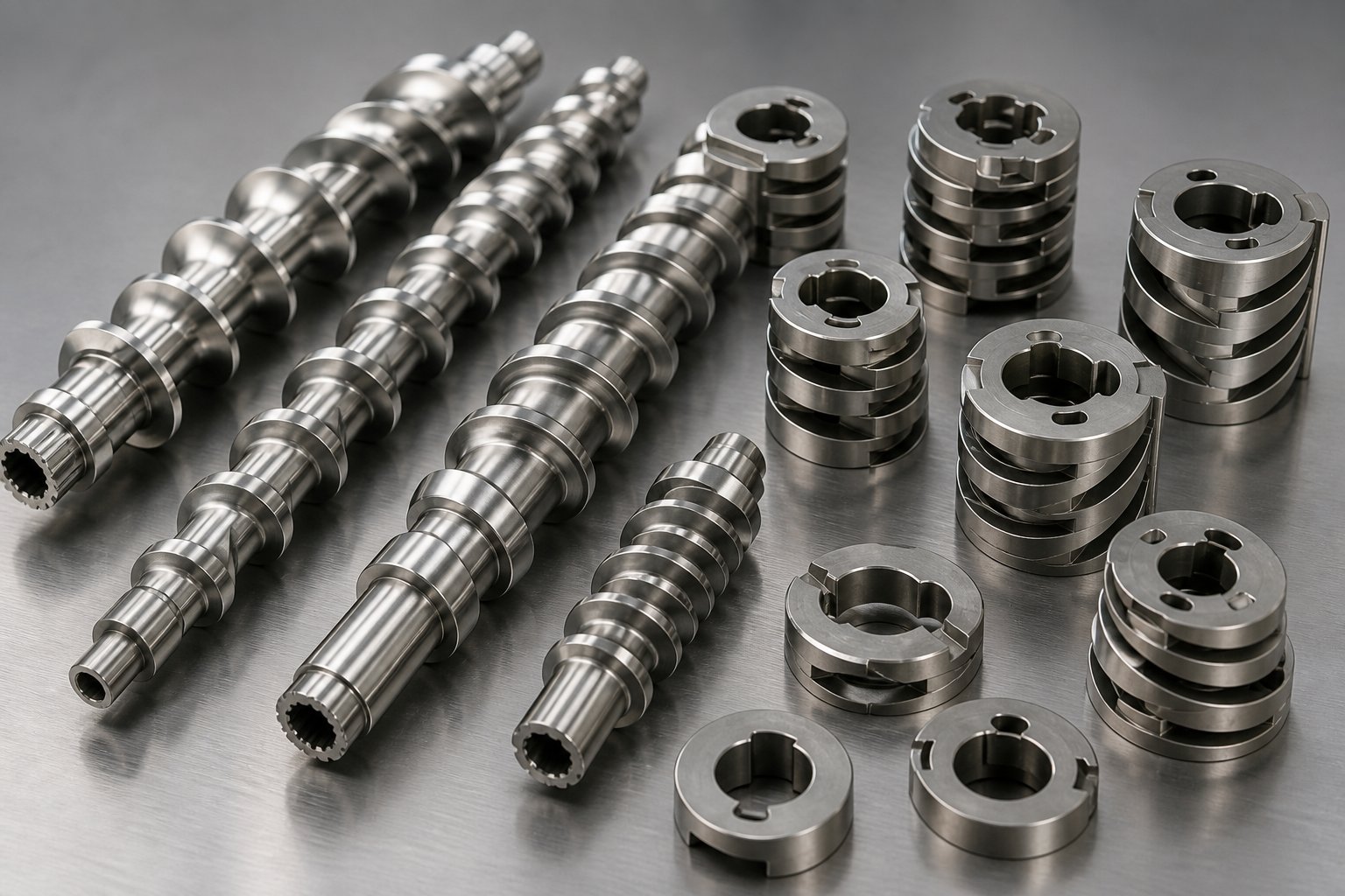 assorted twin screw extruder elements including conveying flights and kneading blocks used in screw profile design